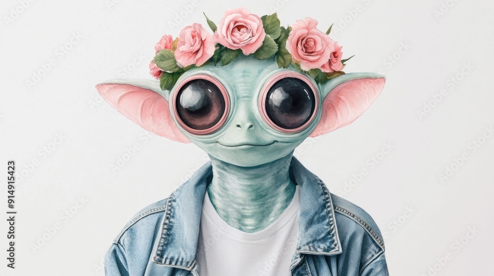 Cheerful and Friendly Alien Cartoon Character Wearing a Colorful Flower Crown in a Whimsical Watercolor on a White Background Cheerful and Friendly Alien Cartoon Character Wearing a Colorful Flower Crown in a Whimsical Watercolor on a White Background