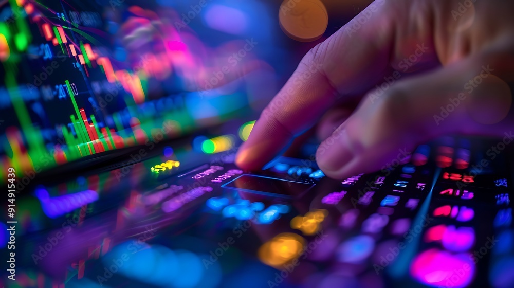 A detailed shot of a hand pressing the buy button on a stock trading screen, with various stock trends in the background, sharp focus on the interface, realistic lighting, clear button details, A detailed shot of a hand pressing the buy button on a stock trading screen, with various stock trends in the background, sharp focus on the interface, realistic lighting, clear button details,