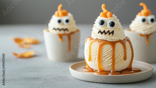 Halloween pumpkin ice cream with dripping caramel and candy eyes, ice cream halloween pumpkin, creepy dessert