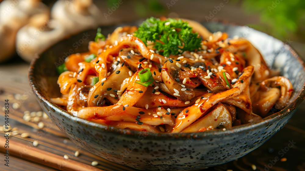 Delicious Stir-Fried Mushrooms with Sesame Seeds and Green Onions - Food Photography Delicious Stir-Fried Mushrooms with Sesame Seeds and Green Onions - Food Photography