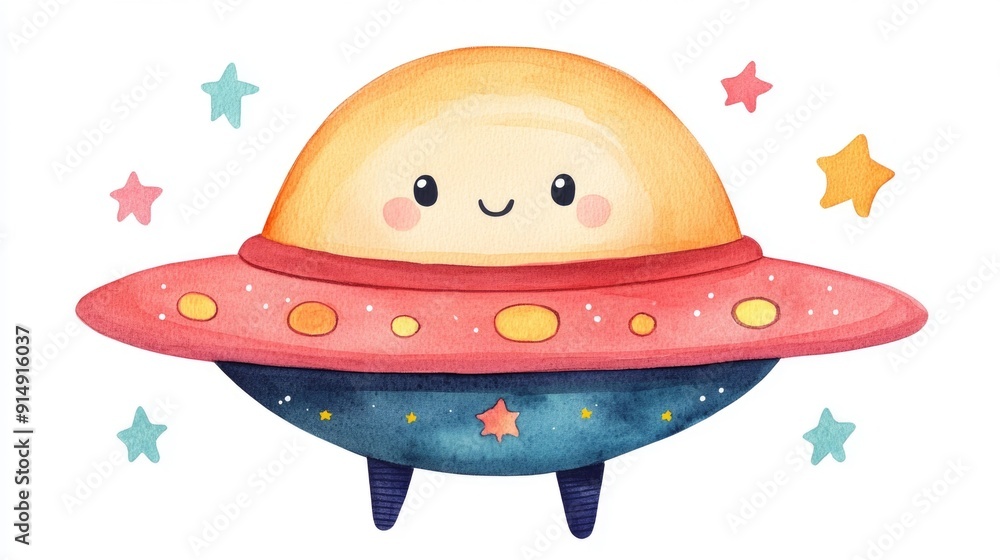 Cute and Whimsical Watercolor of a Happy Floating UFO Wrapped in a Cozy Baby Blanket Isolated on a Clean White Background Cute and Whimsical Watercolor of a Happy Floating UFO Wrapped in a Cozy Baby Blanket Isolated on a Clean White Background