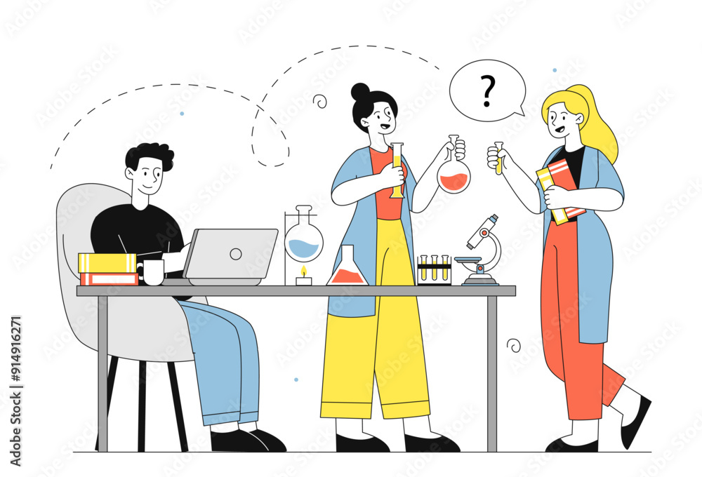 Chemical research in laboratory. Man and women in uniform with regents and microscope. Scientists in lab. Chemistry and biology. Linear vector illustration Chemical research in laboratory. Man and women in uniform with regents and microscope. Scientists in lab. Chemistry and biology. Linear vector illustration