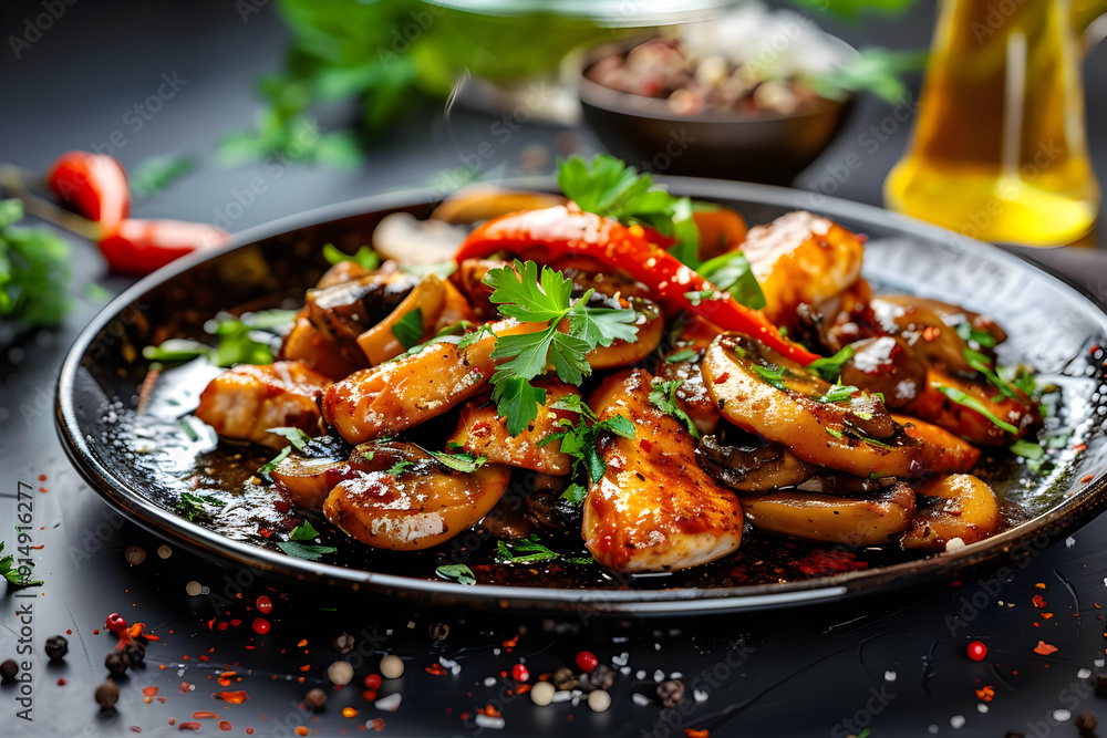 Delicious Sauteed Chicken and Mushrooms with Red Peppers, Parsley, and Spices on a Black Plate - Food Photography Delicious Sauteed Chicken and Mushrooms with Red Peppers, Parsley, and Spices on a Black Plate - Food Photography