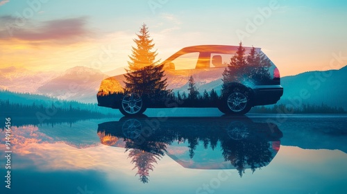 driving and sightseeing on road trips close up, focus on, copy space vibrant colors Double exposure silhouette with scenic landscapes