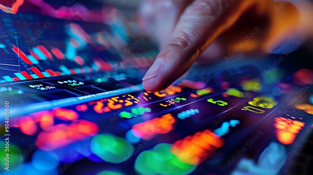 A hand confidently pressing the buy button on a digital stock trading interface, with various stock trends showing upward and downward movements in the background, sharp focus on the hand and button, A hand confidently pressing the buy button on a digital stock trading interface, with various stock trends showing upward and downward movements in the background, sharp focus on the hand and button,
