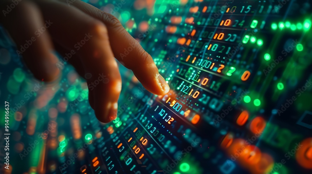 Obraz premium A hand confidently pressing the buy button on a sleek digital stock market interface, with green stock market signals showing upward trends in the background, sharp focus on the hand and button,