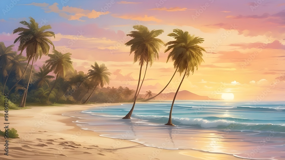 Fototapeta premium A tranquil beach at sunset, with golden sands, gently crashing waves, and palm trees swaying in the breeze