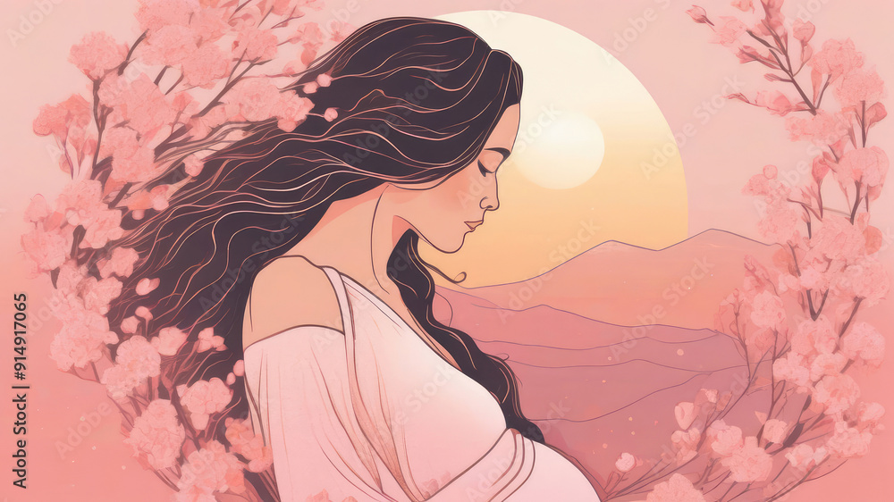 Pregnant woman in profile with her hands on her belly. Pregnant woman in profile with her hands on her belly.