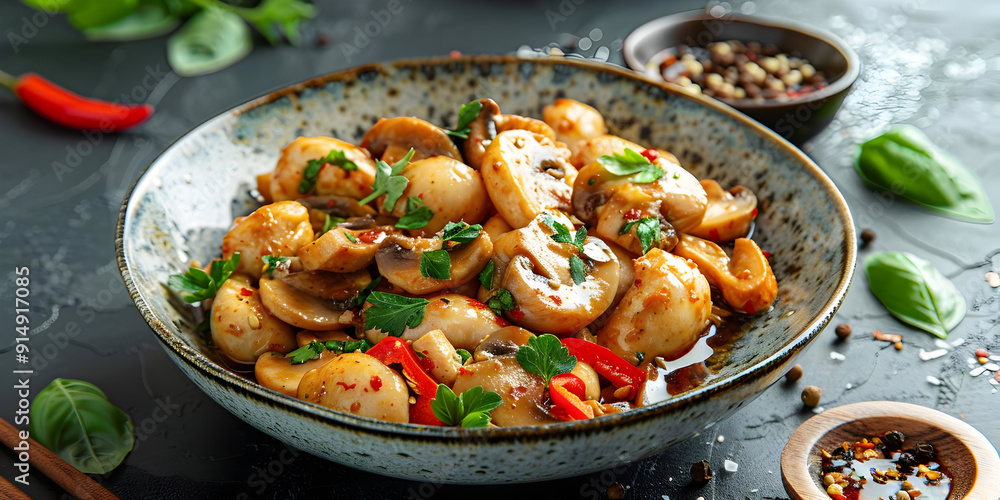 Spicy Sauteed Mushrooms with Chili Peppers and Basil - Food Photo Spicy Sauteed Mushrooms with Chili Peppers and Basil - Food Photo
