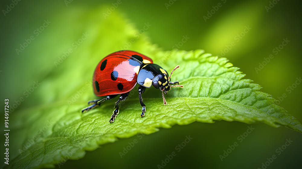 Fototapeta premium ladybug on green leaf