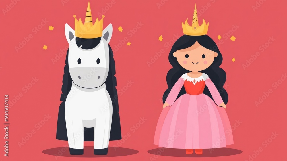 Charming depicting a friendly magical unicorn accompanying a prince and princess in a flat design style This whimsical fairytale inspired artwork would be perfect for children s decor storybooks Charming depicting a friendly magical unicorn accompanying a prince and princess in a flat design style This whimsical fairytale inspired artwork would be perfect for children s decor storybooks