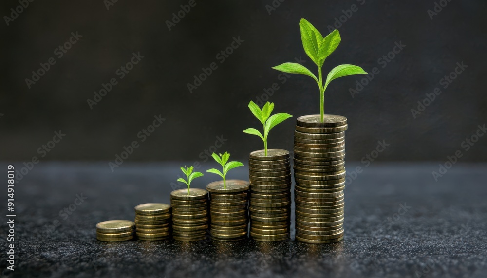 A visual representation of growth, showcasing plants sprouting from stacks of coins, symbolizing financial success and sustainability. A visual representation of growth, showcasing plants sprouting from stacks of coins, symbolizing financial success and sustainability.