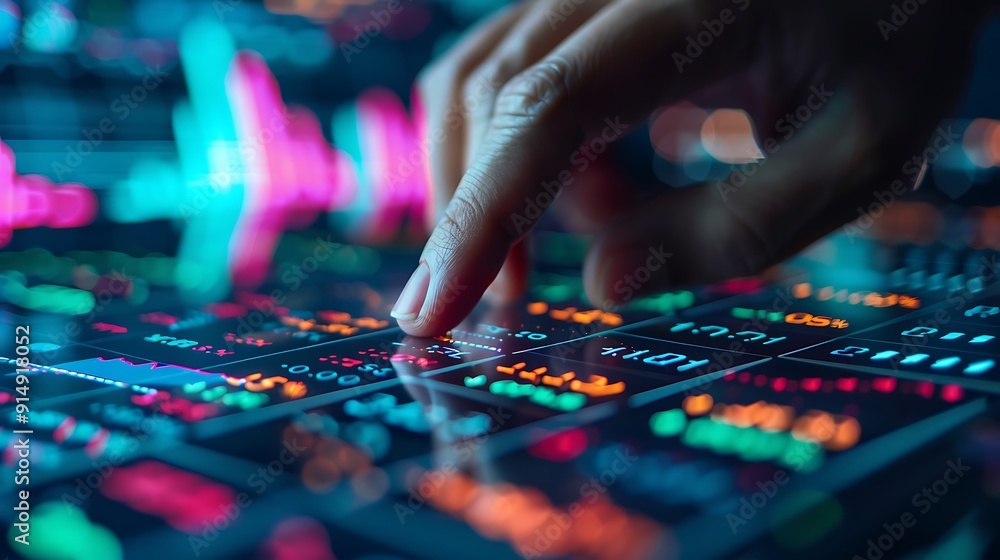 A hand pressing the buy button on a sophisticated stock trading app, with a modern interface and vibrant stock charts, sharp focus on the hand and button, soft blurred background, realistic textures, A hand pressing the buy button on a sophisticated stock trading app, with a modern interface and vibrant stock charts, sharp focus on the hand and button, soft blurred background, realistic textures,