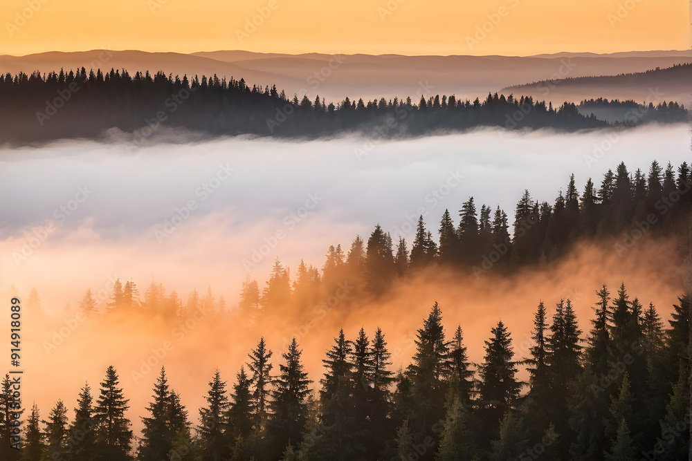 Fototapeta premium spruce forest on mountain hillside in fog at sunrise. autumnal landscape