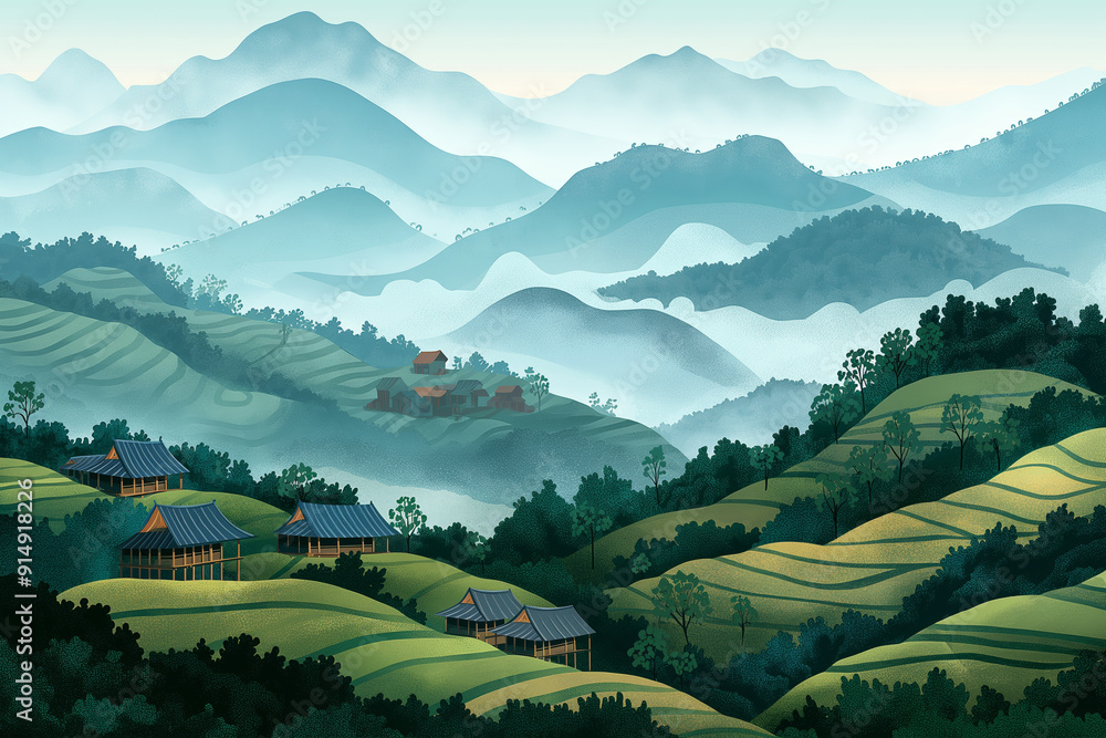 Serene Mountain Landscape with Traditional Houses and Terrace Farms in Morning Mist Serene Mountain Landscape with Traditional Houses and Terrace Farms in Morning Mist
