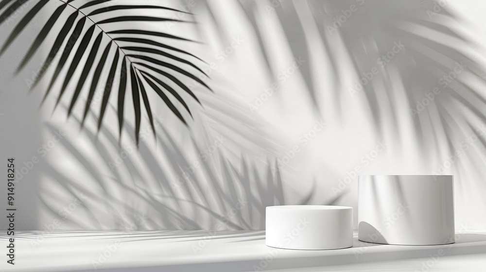 Simplistic product presentation with white stands and palm leaf shadow backdrop Simplistic product presentation with white stands and palm leaf shadow backdrop