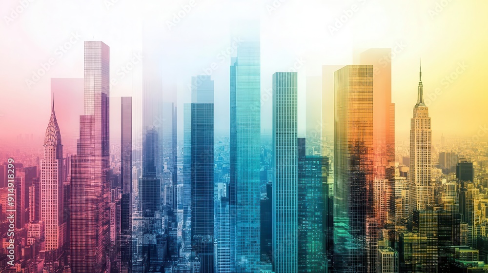 Vibrant cityscape with colorful skyscrapers and modern architecture, showcasing the dynamic urban landscape in a futuristic style. Vibrant cityscape with colorful skyscrapers and modern architecture, showcasing the dynamic urban landscape in a futuristic style.