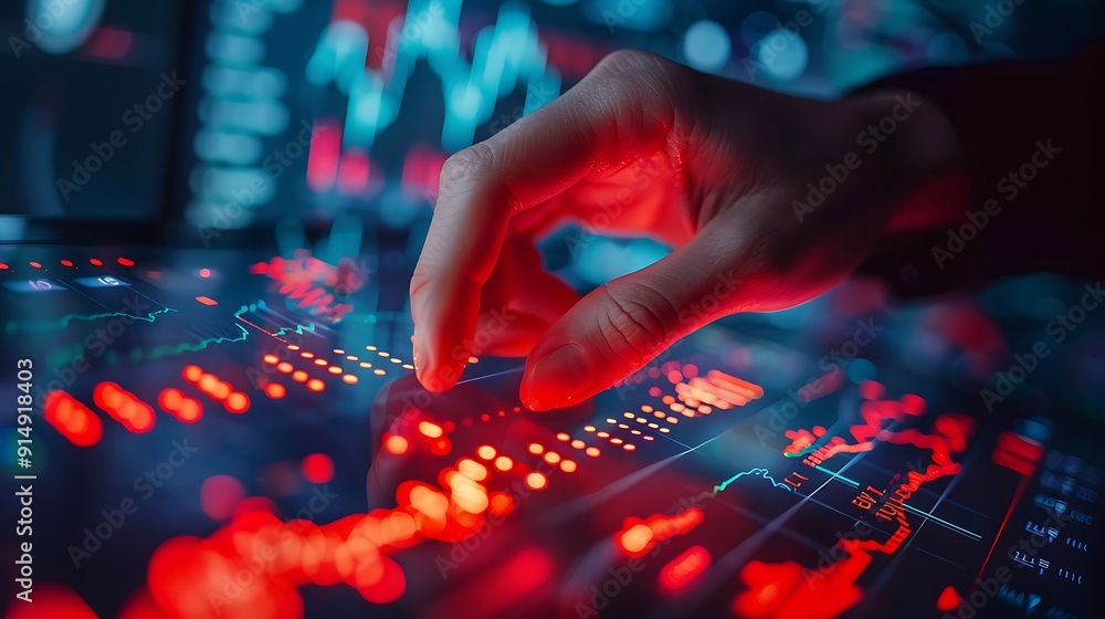 A hand swiftly pressing the sell button on a responsive digital stock trading interface, with real-time red stock charts showing downward trends in the background, sharp focus on the hand and button, A hand swiftly pressing the sell button on a responsive digital stock trading interface, with real-time red stock charts showing downward trends in the background, sharp focus on the hand and button,