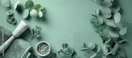 Eucalyptus Leaves and Spa Essentials on a Green Background