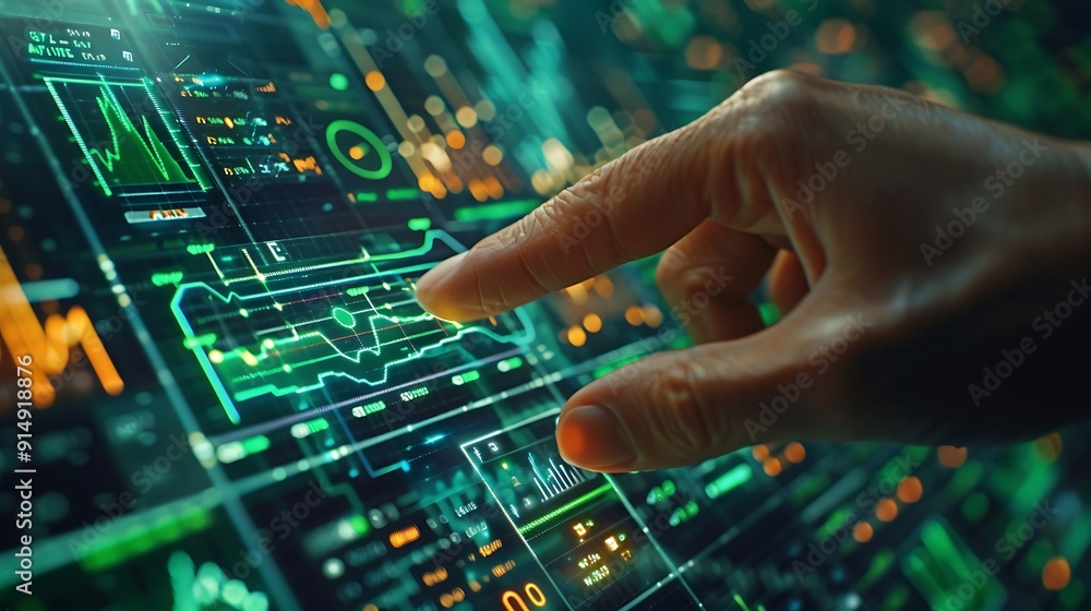 A close-up of a confident hand pressing the buy button on a futuristic stock market interface, green upward-trending graphs in the background, fingers in focus, vibrant display, realistic lighting, A close-up of a confident hand pressing the buy button on a futuristic stock market interface, green upward-trending graphs in the background, fingers in focus, vibrant display, realistic lighting,