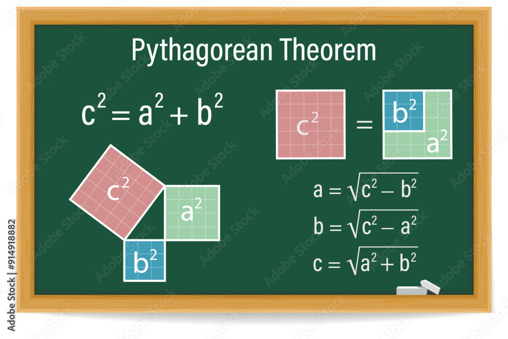 The Pythagorean theorem or Pythagoras' theorem on a green chalkboard. Education. School. Vector illustration The Pythagorean theorem or Pythagoras' theorem on a green chalkboard. Education. School. Vector illustration