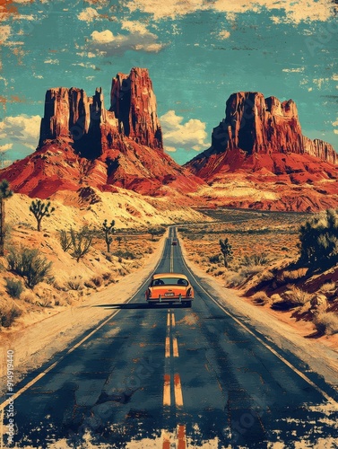 A classic travel poster for Route 66, featuring an old-fashioned car driving down a deserted highway, desert landscape, bold colors