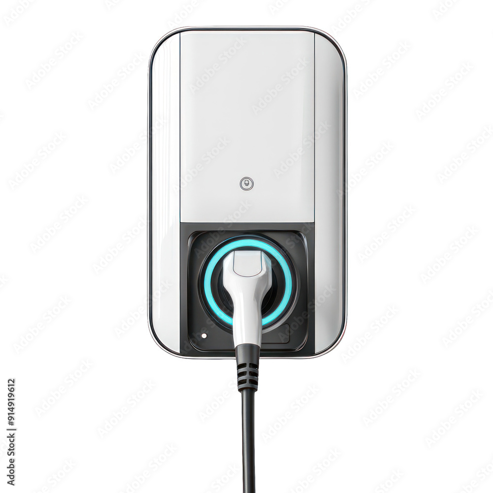 A modern electric vehicle charger mounted on a wall, showcasing a sleek design and vibrant charging indicator. transparent background A modern electric vehicle charger mounted on a wall, showcasing a sleek design and vibrant charging indicator. transparent background