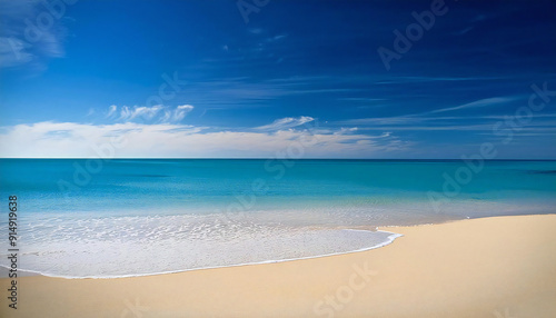 The wide sea and the sandy beach. Blue sky.