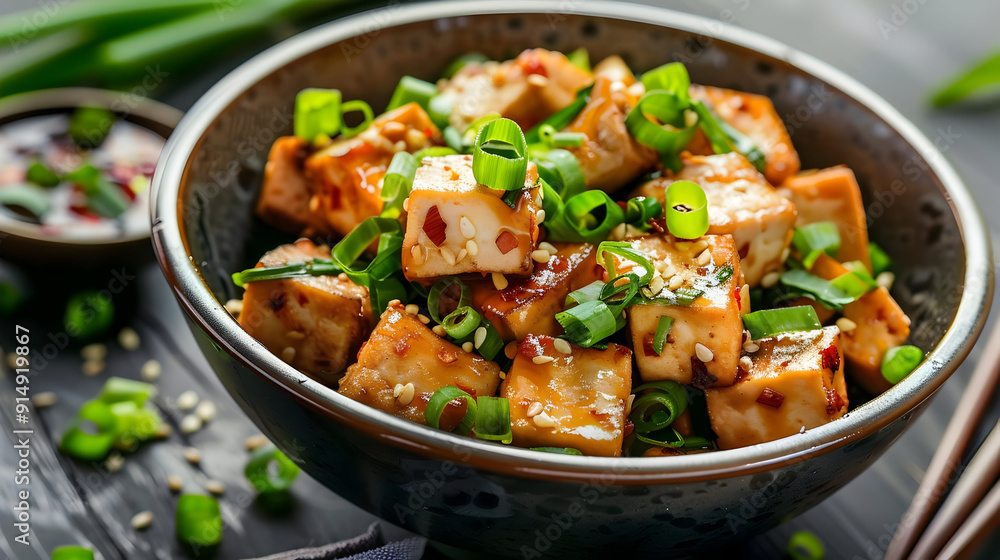 Tofu Stir Fry with Sesame Seeds and Green Onions - Food Photography Tofu Stir Fry with Sesame Seeds and Green Onions - Food Photography