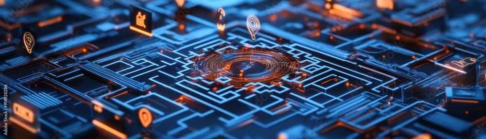 A futuristic digital circuit board with glowing elements, representing advanced technology and innovation in a vibrant blue environment. A futuristic digital circuit board with glowing elements, representing advanced technology and innovation in a vibrant blue environment.