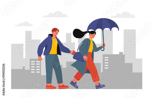 Street thief concept. Man steals woman wallet from her bag. Unsafe and dangerous city, criminal and robbery. Crime scene outdoors. Flat vector illustration