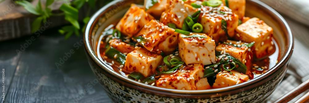 Spicy Tofu with Sesame Seeds and Green Onions - Food Photography Spicy Tofu with Sesame Seeds and Green Onions - Food Photography