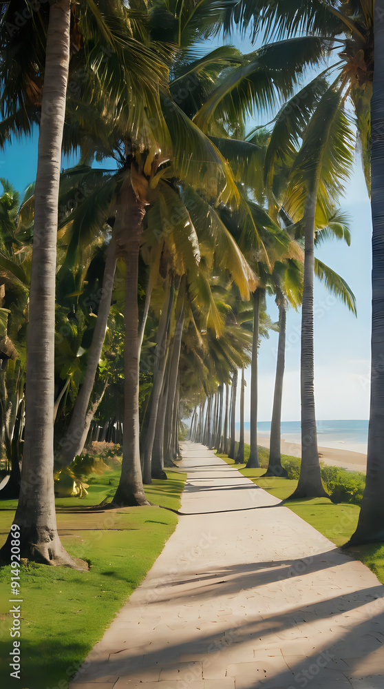 Fototapeta premium a palm trees line a path on a beach with a blue sky