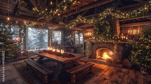 Cozy holiday gathering with family and friends in a rustic cabin, decorated with pine garlands and glowing candlelight