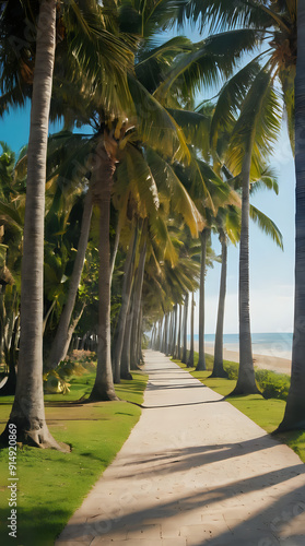 a palm trees line a path on a beach with a blue sky