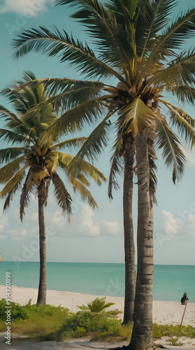 a two palm trees on the beach with a person sitting on the sand