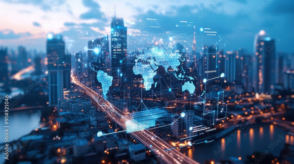 Fototapeta premium A stunning cityscape at dusk, showcasing a digital world map and technology overlay, symbolizing global connectivity and innovation.