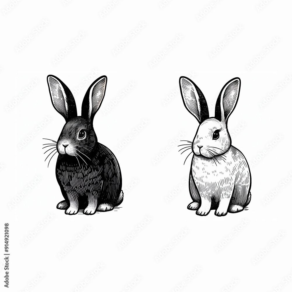 Obraz premium A rabbit drawn using simple black lines. A black rabbit and a white rabbit.