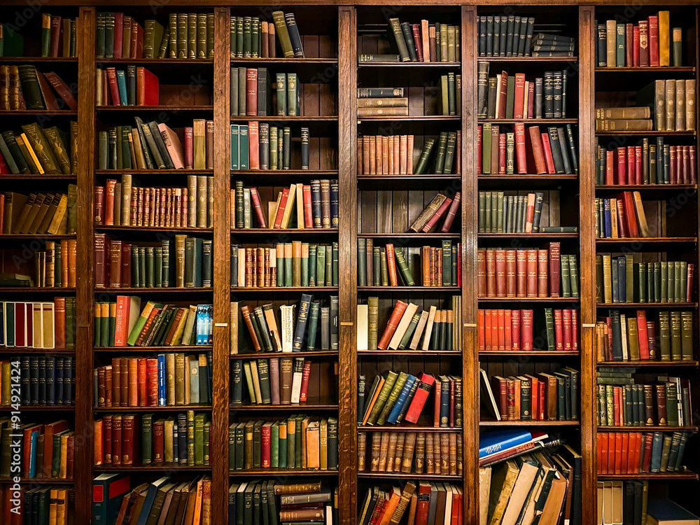 Books on Shelves in Library Study with Classic Dark Wood Books on Shelves in Library Study with Classic Dark Wood
