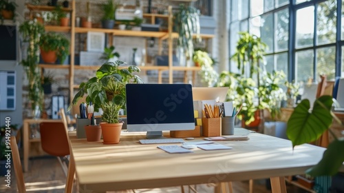 A vibrant office space filled with plants  featuring a modern computer and organized workspace bathed in natural light.