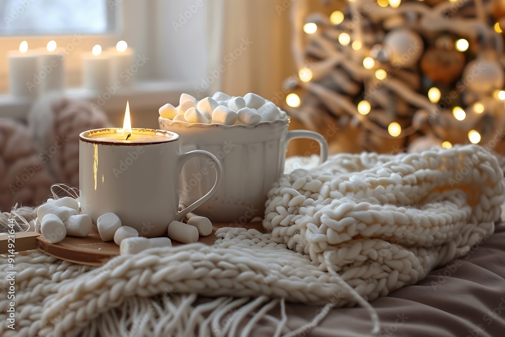 Cup of hot drink with marshmallows and knitted plaid on bed Cup of hot drink with marshmallows and knitted plaid on bed