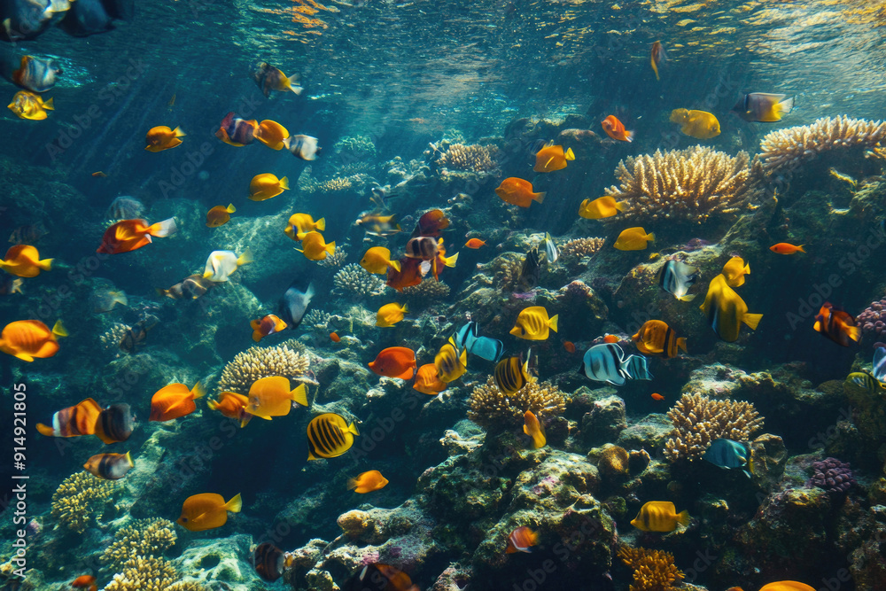 Naklejka premium A vibrant coral reef teeming with various species of colorful fish.