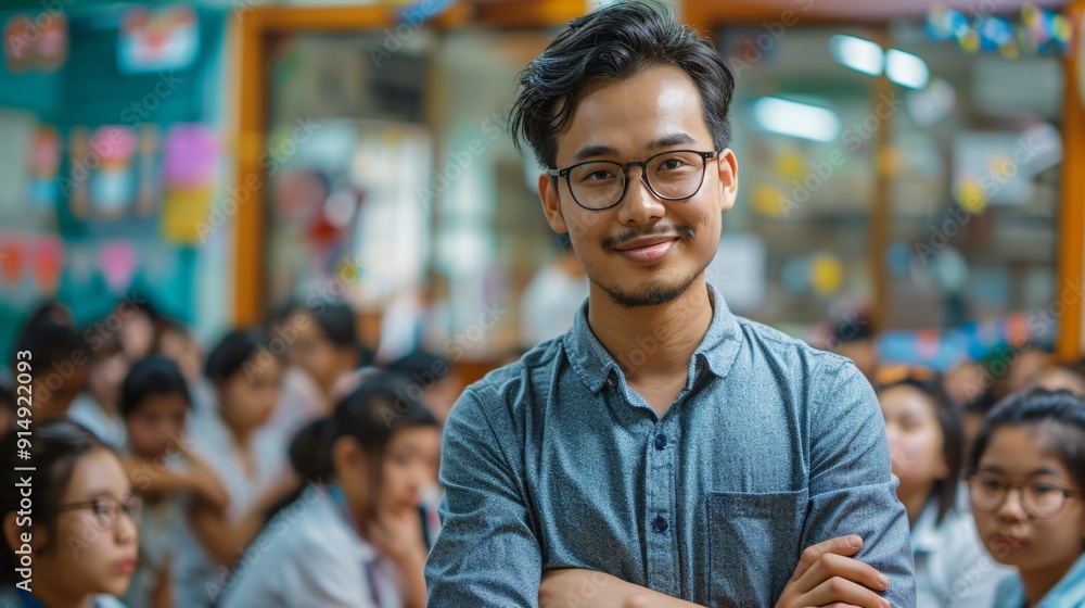 A teacher stands proudly with crossed arms, smiling at students engaged in activities in a lively classroom environment A teacher stands proudly with crossed arms, smiling at students engaged in activities in a lively classroom environment