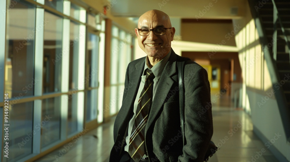 An elderly man in a suit looks happy as he stands in a corridor filled with natural light, enjoying a moment of tranquility in an indoor setting An elderly man in a suit looks happy as he stands in a corridor filled with natural light, enjoying a moment of tranquility in an indoor setting