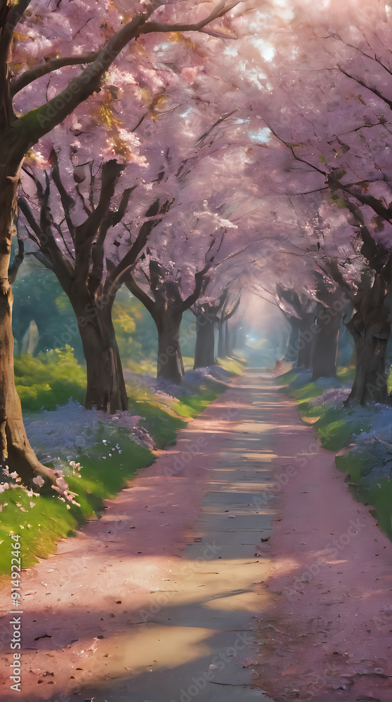 painting of a path lined with trees and flowers in a park painting of a path lined with trees and flowers in a park