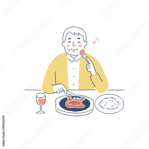 おいしそうにステーキを食べる男性