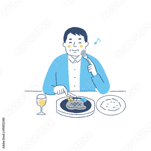 おいしそうにステーキを食べる男性