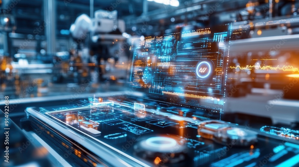 Futuristic computer interface with glowing elements and robots in a modern factory setting, showcasing advanced technology. Futuristic computer interface with glowing elements and robots in a modern factory setting, showcasing advanced technology.