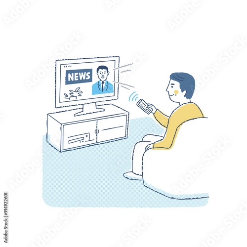 リモコンでテレビのチャンネルを変える男性
