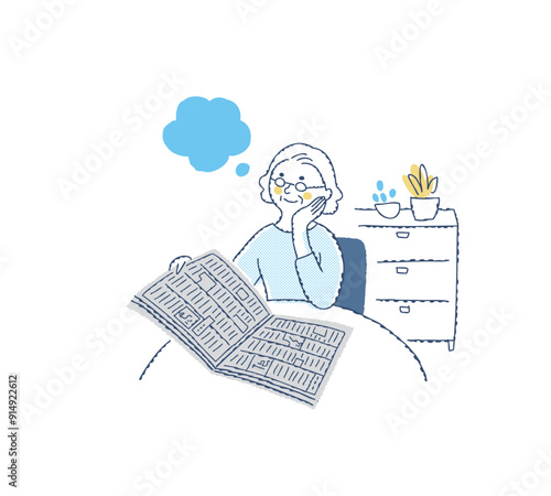 新聞を読んでいるシニア女性とふきだし